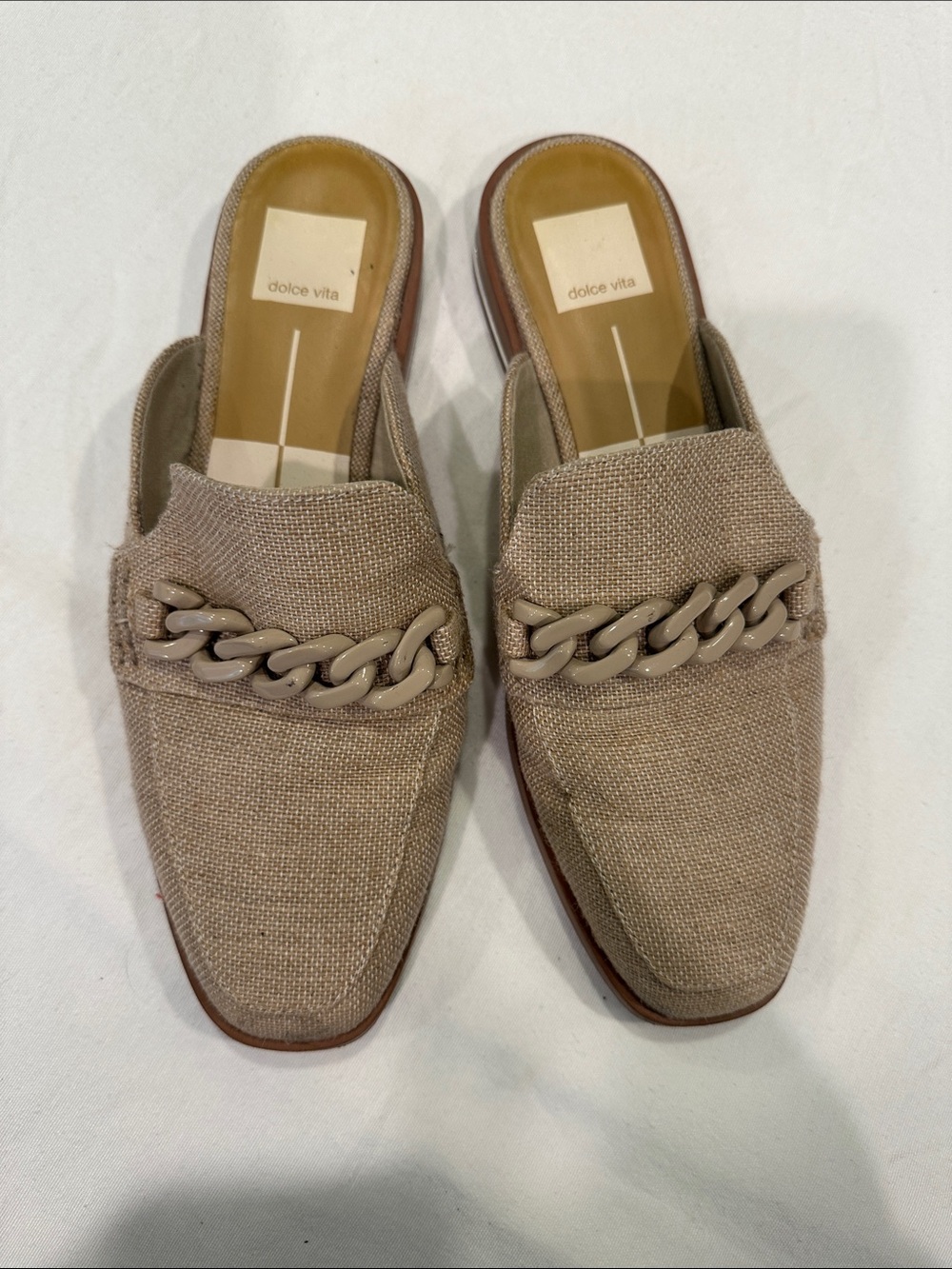 Dolce Vita Taupe Textured Slip-On Loafers with Chunky Chain